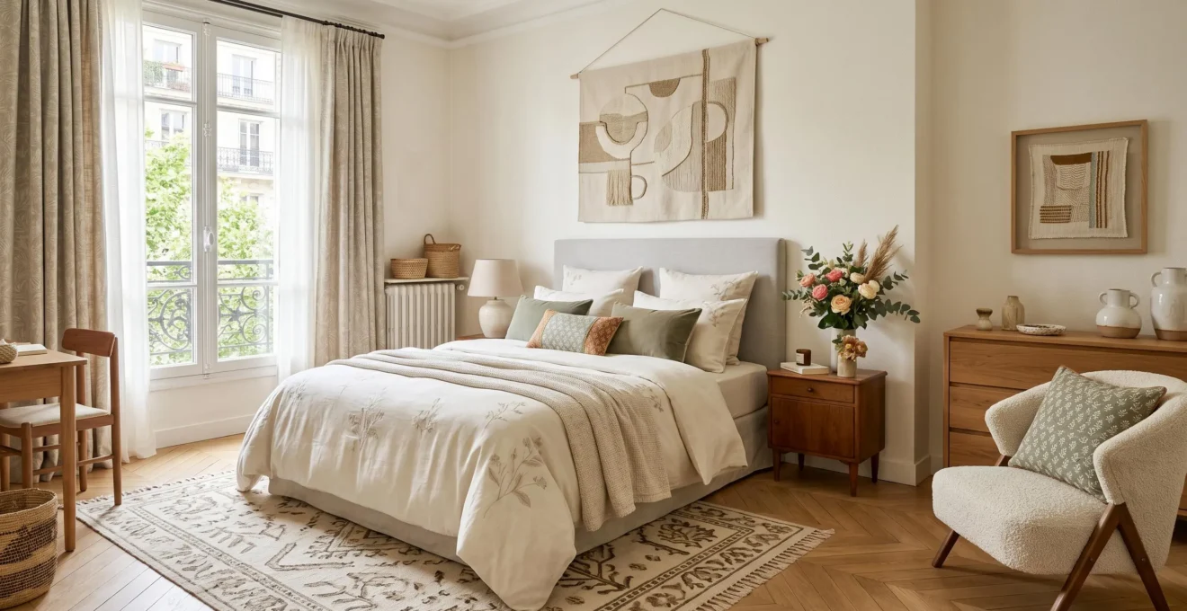 Vue d'ensemble d'une chambre contemporaine française montrant l'impact décoratif d'un choix de textile harmonieux sur l'ambiance générale