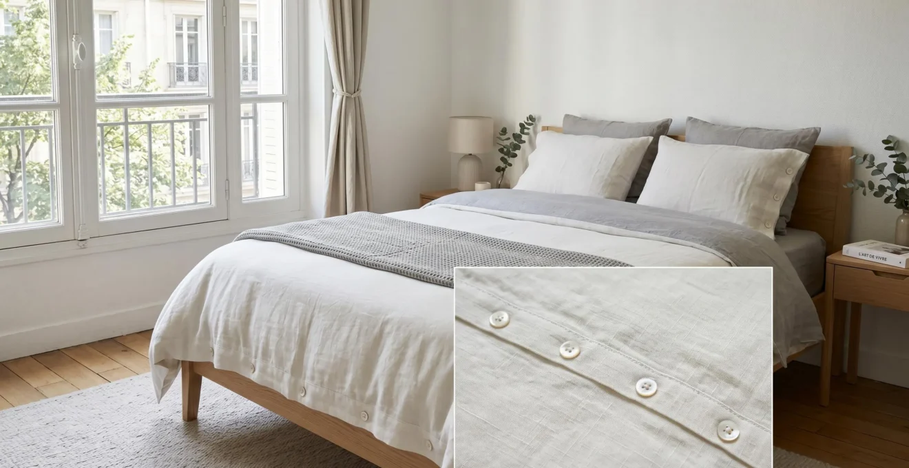 Chambre contemporaine avec lit impeccablement fait, mettant en valeur les finitions soignées d'une housse de couette de qualité avec fermetures renforcées et coutures doubles