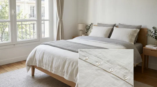 Chambre contemporaine avec lit impeccablement fait, mettant en valeur les finitions soignées d'une housse de couette de qualité avec fermetures renforcées et coutures doubles
